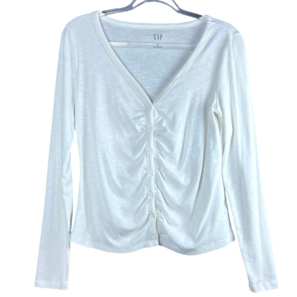 Gap Cream Ribbed V Neck Henley Long Sleeve Top Button Front Size M